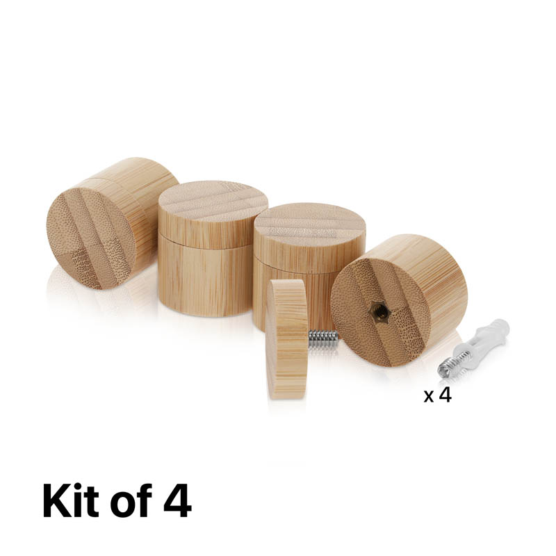 (Set of 4) 1-1/2'' Diameter X 1'' Barrel Length, Wooden Flat Head Standoffs, Matte Bamboo Wood Finish, Easy Fasten Standoff, Included Hardware (For Inside Use) [Required Material Hole Size: 5/16'']